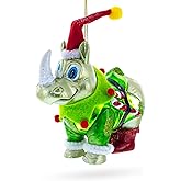 Festive Rhino in Santa Hat Blown Glass Christmas Ornament