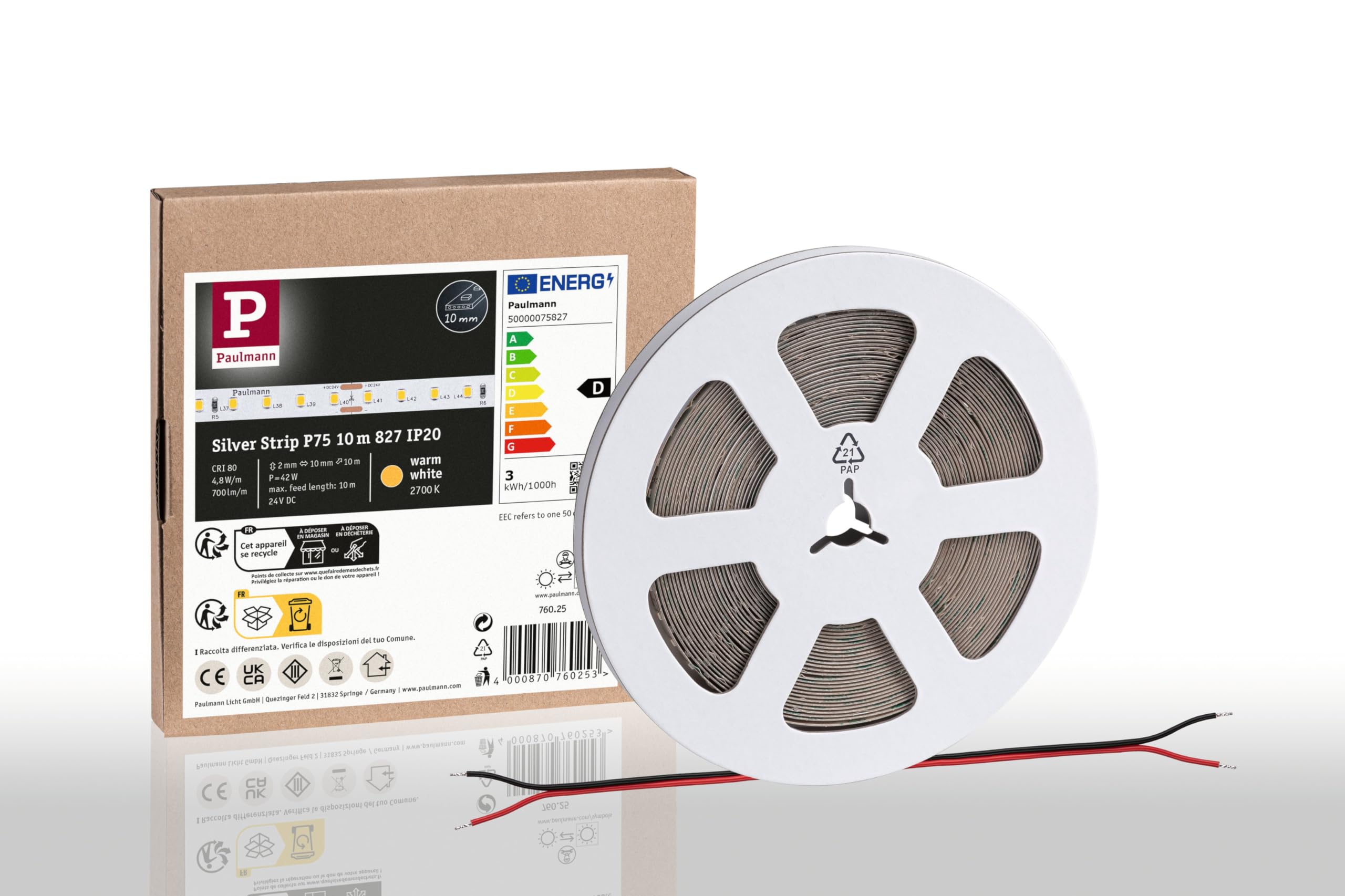 Paulmann 76025 Pro LED Strip Silver P75 827 10m 42W 700lm/m 96 LEDs/m 2700K LED Strip