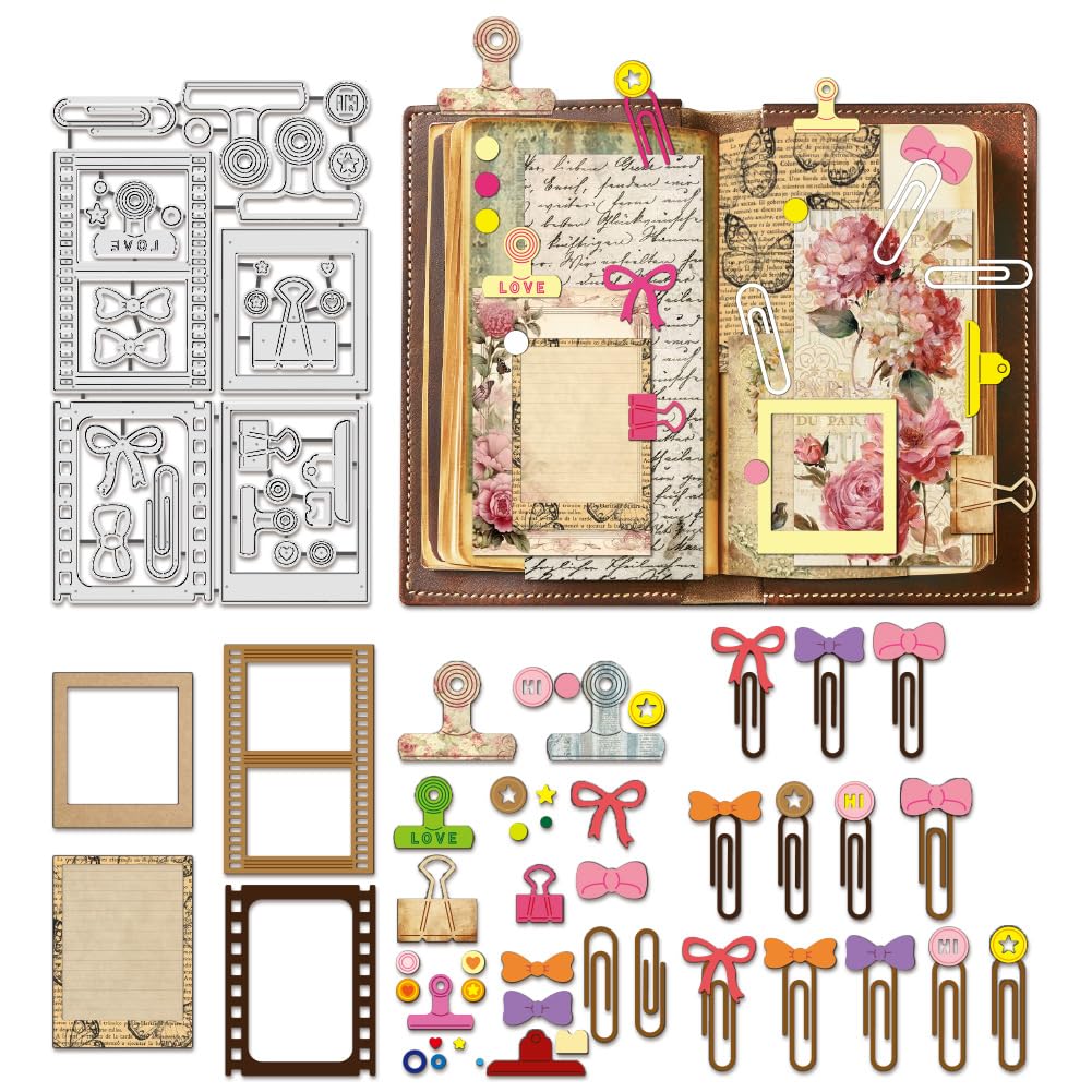 BENECREAT Vintage Folder Clip Carbon Steel Cutting Dies, Film Frame, Binder Clip, Paper Clips, Bows Metal Cut Dies Stencils for DIY Scrapbooking, Photo Album, Decorative Embossing, 0.8mm Thick