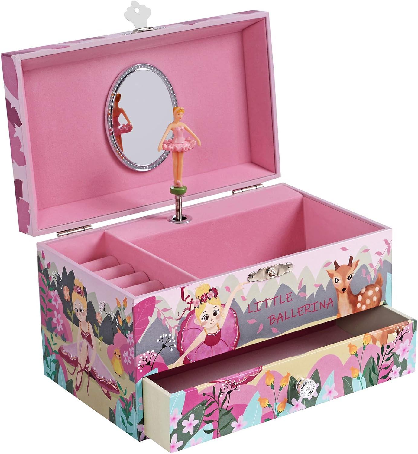 SONGMICS Ballerina Musical Jewelry Box for Kids, with Drawer, Storage Compartment, Ring Slots, 7.5”L x 4.3”W x 4.3”H, Pink: Furniture & Decor