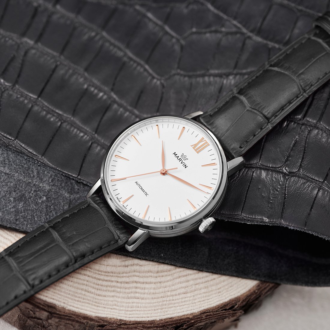 Swiss-Made-Marvin-Automatic-Men-Watches-with-White-Dial-and-Rose-Gold-PVD-Indexes