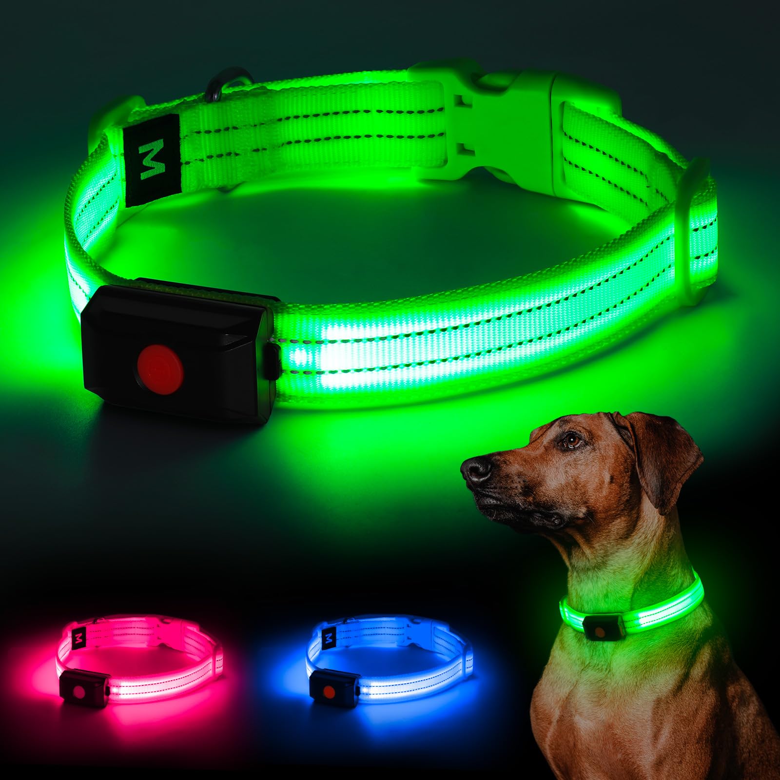 LED Light Up Collar, USB Rechargeable, Brightest Night Walking Lights, Safety Collar for Large Dogs (Green)