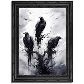 Black Framed Dark Crow Canvas Wall Art, Gothic Painting Raven Painting Picture Wall Decor, Dark Academia Poster Print Artwork for Bedroom Living Room Halloween Home Decoration, 9x11 Inch
