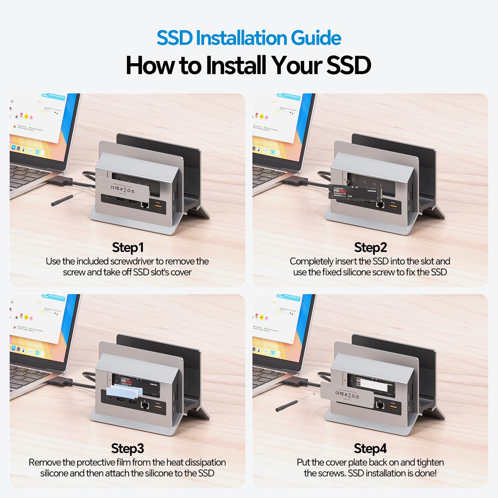 MacBook Dockingstation für Dual Monitore, Dual USB-C Laptop Docking Station mit 2 HDMI 4K@60Hz, USB A/C 10 Gbit/s, Ethernet, NVMe SSD Gehäuse, SD/TF Vertical Dock Ständer für MacBook Air/Pro M3 M4 M5 8