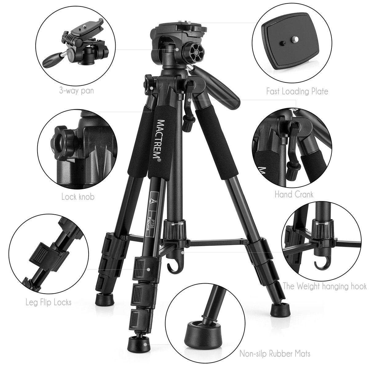 Stativkamera Reflex - Mactrem Flexibles Vollstativ PT55 mit Kugelkopf für DSLR EOS Canon Nikon SONY - Reisestativ (Schwarz)