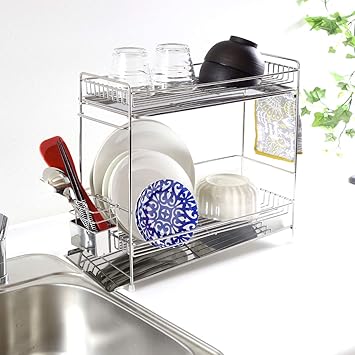 水切りラックステンレス ラック トレー 水切りカゴ ステンレス 大容量 2段 燕三条製 水が流れる シンクサイド 水切りかご カップ 水切りラック2段 フライパン 付き カトラリー コップ 水切り 頑丈 食器 水切りラック タイプ 皿 日本製 スリム 川口工器