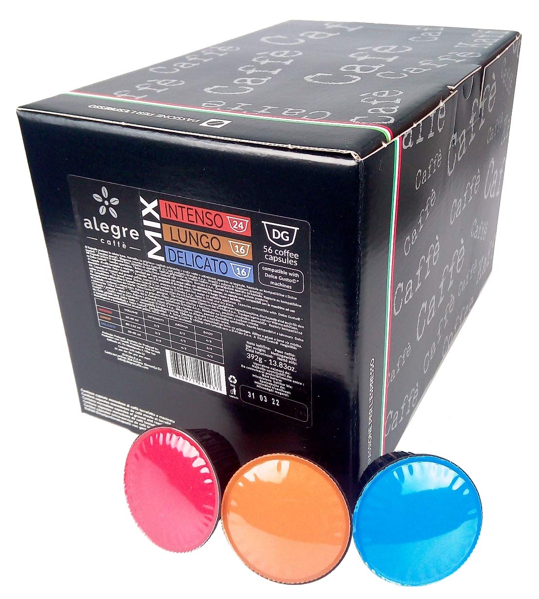 Alegre Caffe Mix Pack 56 (24 Intenso, 16 Lungo, 16 Delicato) Nescafé Dolce Gusto Compatible Coffee Capsules
