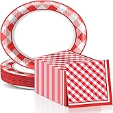 QOUBAI Checkered Oval Paper Plates 11inch Red and White Checkered Plates and Napkins, Dish Tray for BBQ Gathering Picnic Carnival Theme Party Supplies Holiday Baby Shower Birthday Tableware, 25 Guest