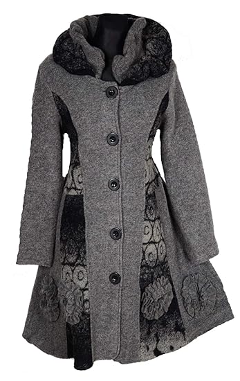 Damen Wolle Mantel Swinger Trench Coat Lagenlook Winter Übergang 38 40 42 44 46 48 S M L XL Blumen Grau Jacke