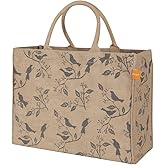 KAF Home Jute Market Tote Bag with Birds Print, Durable Handle, Reinforced Bottom and Interior Zipper Pocket, Generous capacity, 12.5" tall x 17" wide x 7" deep