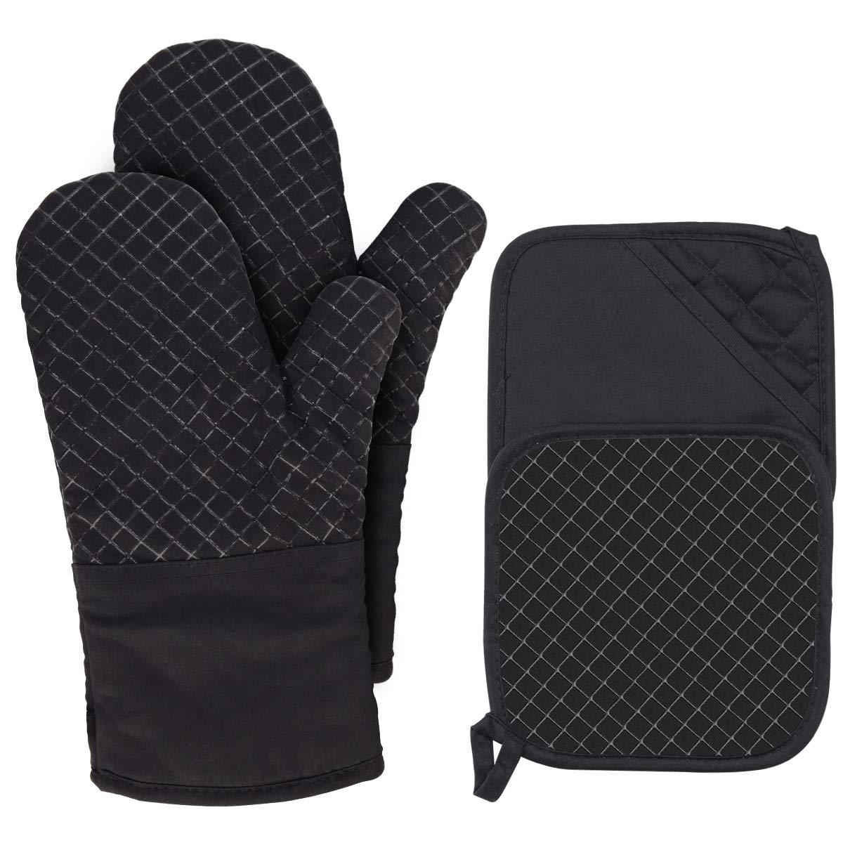 PROCIRCLE Oven Mitts and Pot Holders Set of 2 Kitchen Oven Mitts 500℉Heat Resistant Silicone Cotton Oven Mitts Non-Slip Surface for Cooking Baking BBQ with 4Pcs Free Pothook (Black)