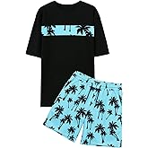 VahRuta Mens 2 Piece Summer Outfits Beach Vacation Outfit Hawaiian Coconut Printed Tee and shorts Set