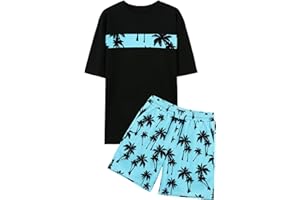 VahRuta Mens 2 Piece Summer Outfits Beach Vacation Outfit Hawaiian Coconut Printed Tee and shorts Set