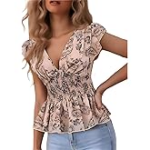 Women's Summer Sleeveless Wrap V Neck Peplum Tops Dressy Chiffon Blouses Ruffle Shirts Floral Tank Top Ruched Blouses