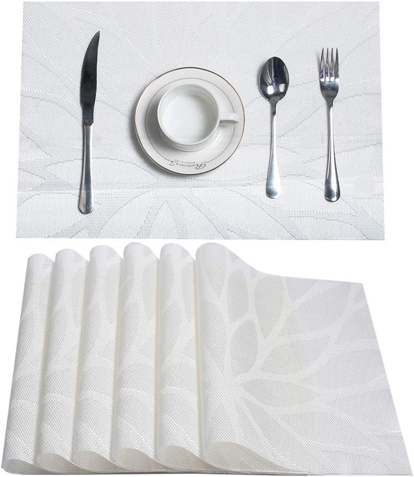 HEBE Placemats Set of 6, Non-Slip Washable Place Mats,Heat Resistant Kitchen Tablemats for Dining Table Dinner Table (White): Home & Kitchen