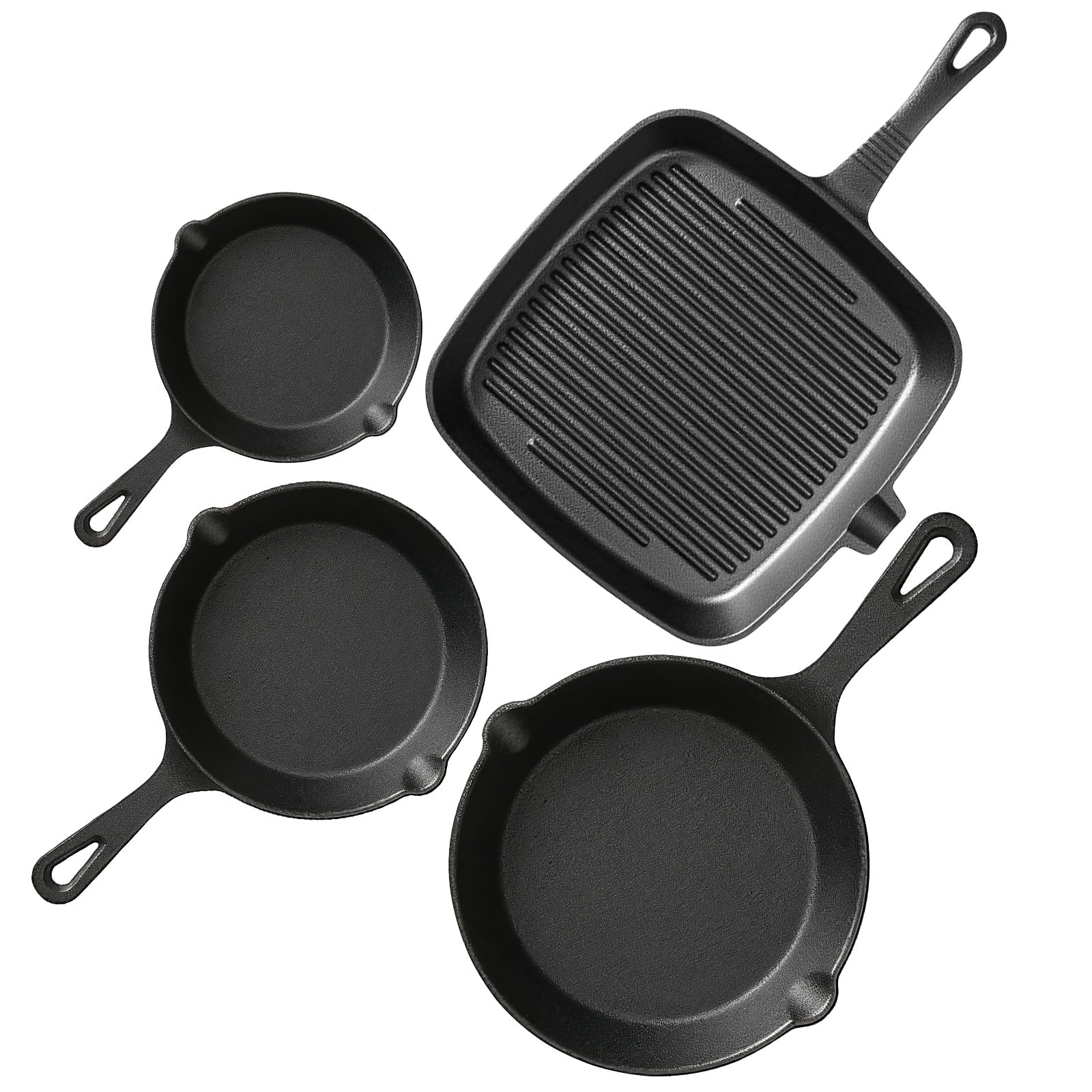 Photo 1 of YIYOBEATFO Pre-Seasoned Cast Iron skillets,4 Piece Durable Pots and Pans Set with Handle Covers for Grill, BBQ, Camping Fire, Stovetop, Kitchen and Camping Cookware