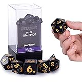 Titan Dice: Stardust - 25mm Giant 7 Pcs Polyhedral Set - Black Glitter Color Game Pieces with Gold Engraved Numbers in Displa