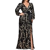 Women's Plus Sized Long-Sleeved Sequined Dress V-Neck Design high Slit Oversized Skirt Formal Ball Gown Party Evening Dress