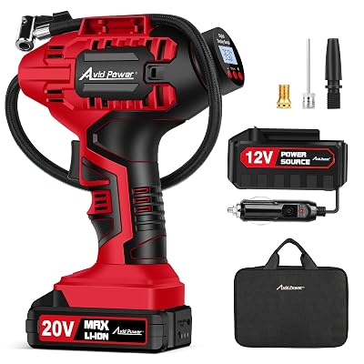 AVID POWER Tire Inflator Portable Air Compressor, 20V Cordless Car Tire Pump, Rechargeable Battery Powered Air Compressor w/12V DC Adapter, Digital Pressure Gauge