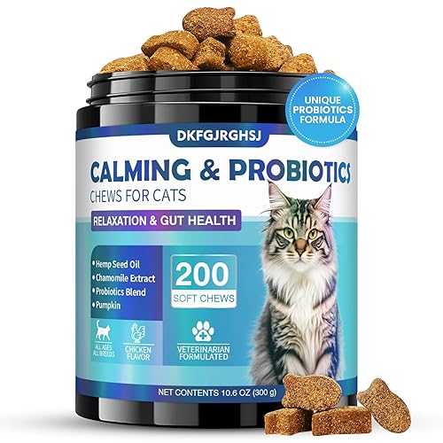DKFGJRGHSJ Cat Calming Treats, 200 Soft Chews Hemp Calming for Cats Gut Health with Probiotics, Calm Cat Treats for Anxiety and Stress Relief & Probiotic for Cats Digestive Health Chicken Flavor