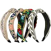 Ewanda store 4Pcs Bohemian Floral Headbands for Women,Wide Handmade Knotted Embroidery Turban Headbands for Women Girls Hair Accssories