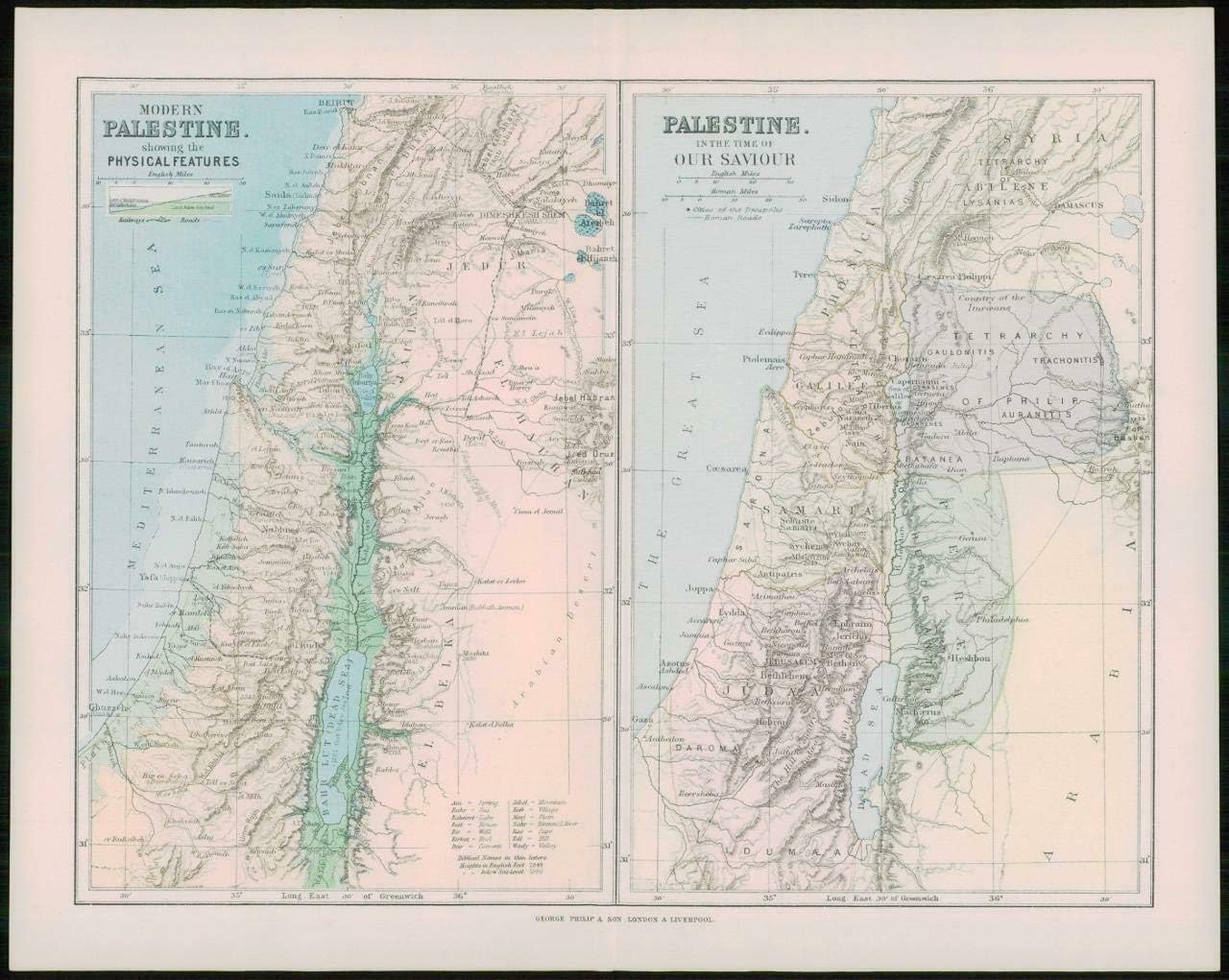 1903 Original Antique Colour Map - Palestine JUDAA Galilee PHOENICIA (27)