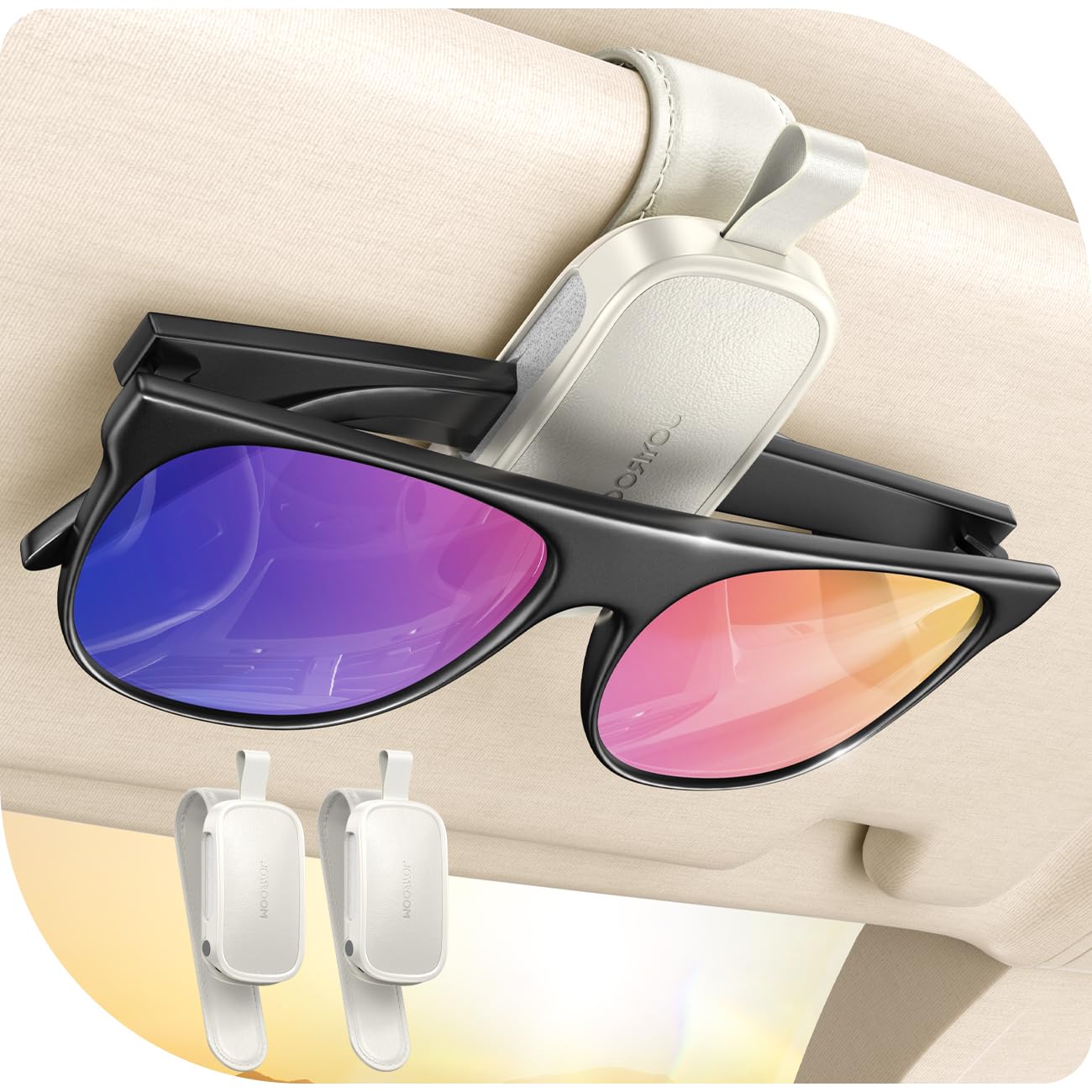 Photo 1 of [Real One-Handed Operation] Sunglasses Holder for Car [Soft Foam Protection] [Non-Slip] Magnetic Leather Sunglasses Holder, Visor Organizer & Accessories Interior Gift for Women Men, (White) 2 Pack