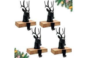 BENWANFEE Set of 4 Christmas Stocking Holders for Mantle 3D Reindeer Xmas Fireplace Stocking Hangers Metal Deer with Non-skid Base Hanging Hooks Stocking Holders for Fireplace Free Standing Christmas Decoration