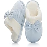 NineCiFun Womens Bow Scuff Slippers Corduroy Plush Faux Fur Lining Memory Foam Non Slip Indoor Outdoor House Shoes