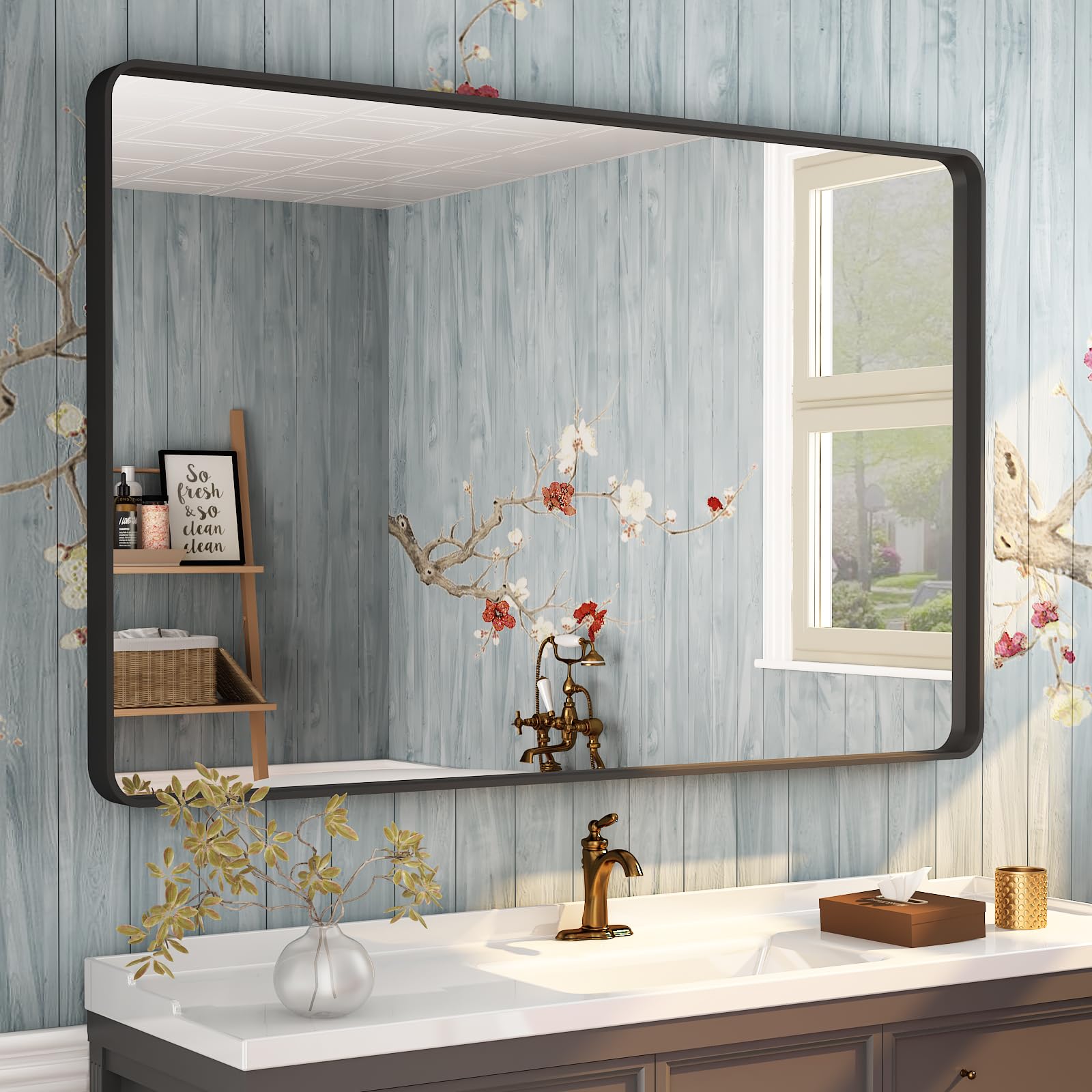 Photo 1 of CHARMOR 48x36 Matte Black Bathroom Mirror, Modern Rectangle Metal Framed Mirrors for Wall, Rounded Corners, Shatter-Proof (Horizontal/Vertical)
