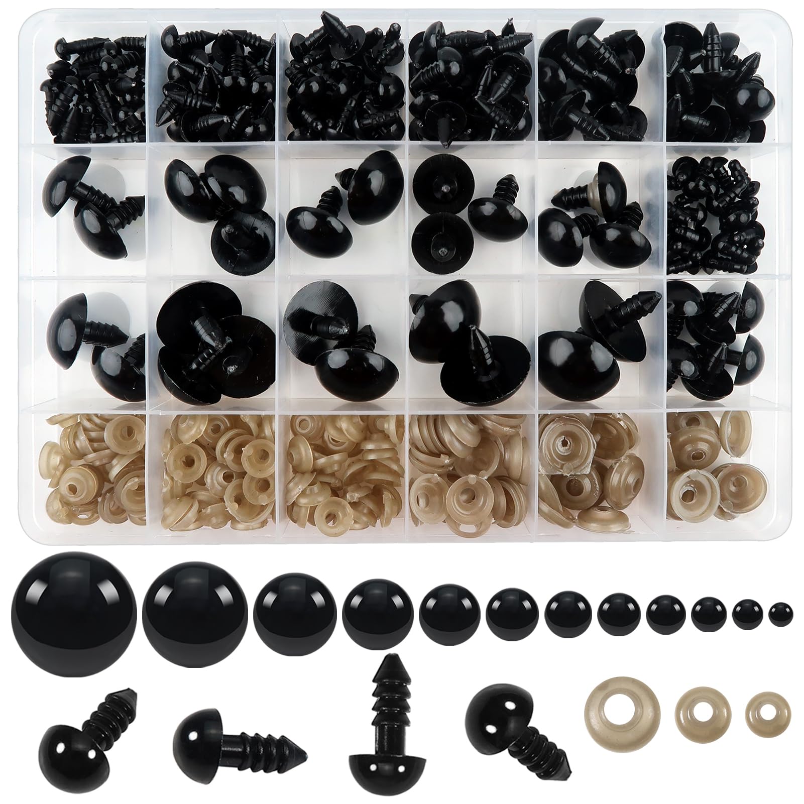 TOAOB 360 PCS 6 to 24mm Safety Eyes for Crochet Dolls Plastic Black Dolls Eyes Amigurumi Eyes Doll Making DIY Craft Plush Animals