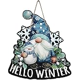 Bolisom Hello Winter Blue Gnome Front Door Sign, Snowman Snowflake Leaves Wood Hanger Outdoor Outside Porch Home Decor, Christmas Seasonal Wooden Wreath Indoor Wall Hanging Decoration