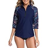 Halcurt Women's 3/4 Sleeve Rash Guard Swimsuit Top High Neck Half Zip Swim Shirt Only UPF50+ Quick Dry Bathing Suit