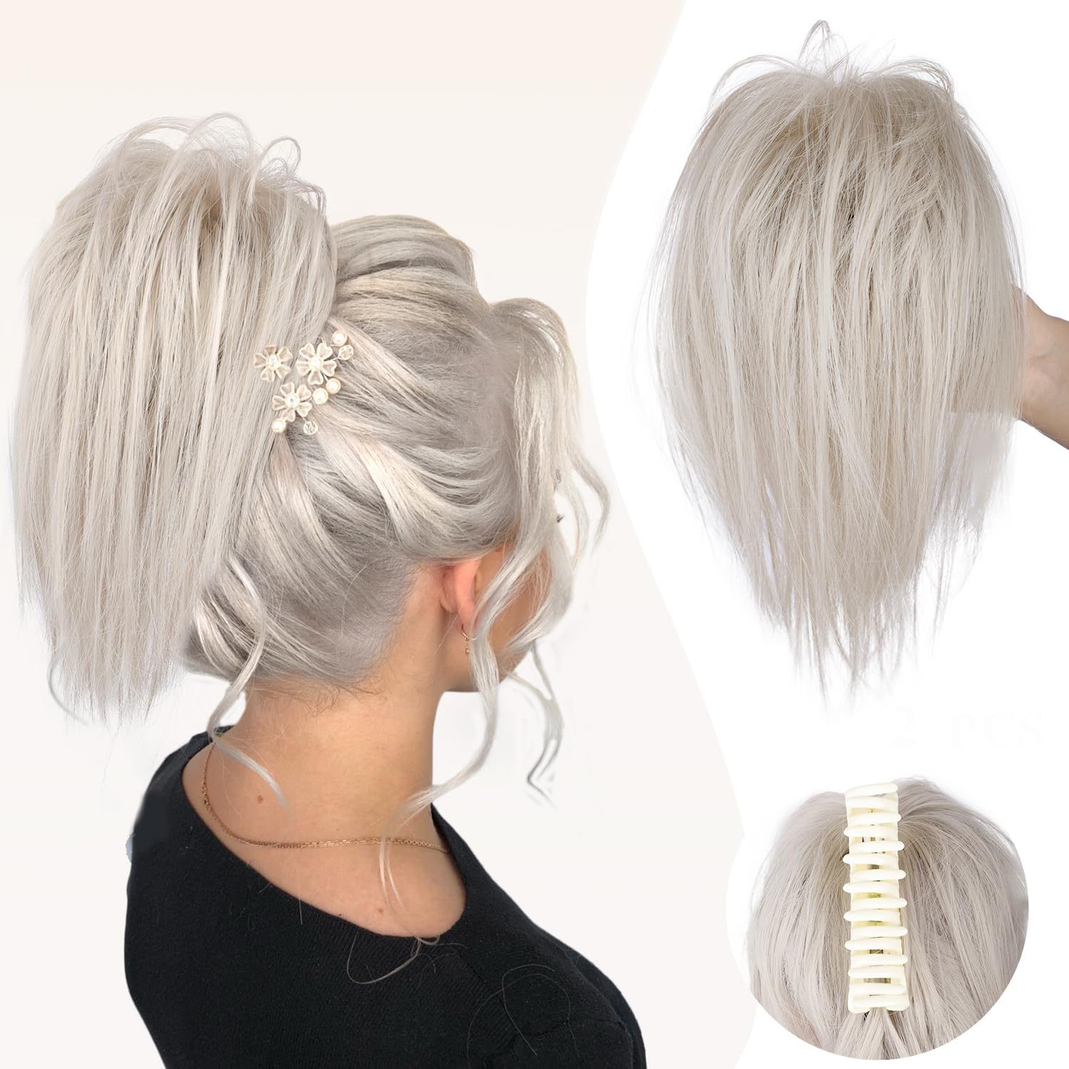 Colorful Panda Silver Gray Wavy Curly Hair Buns Extensions, 10 Inch, Claw Clip, Heat-Resistant Synthetic Fiber, Messy Bun Hair Piece