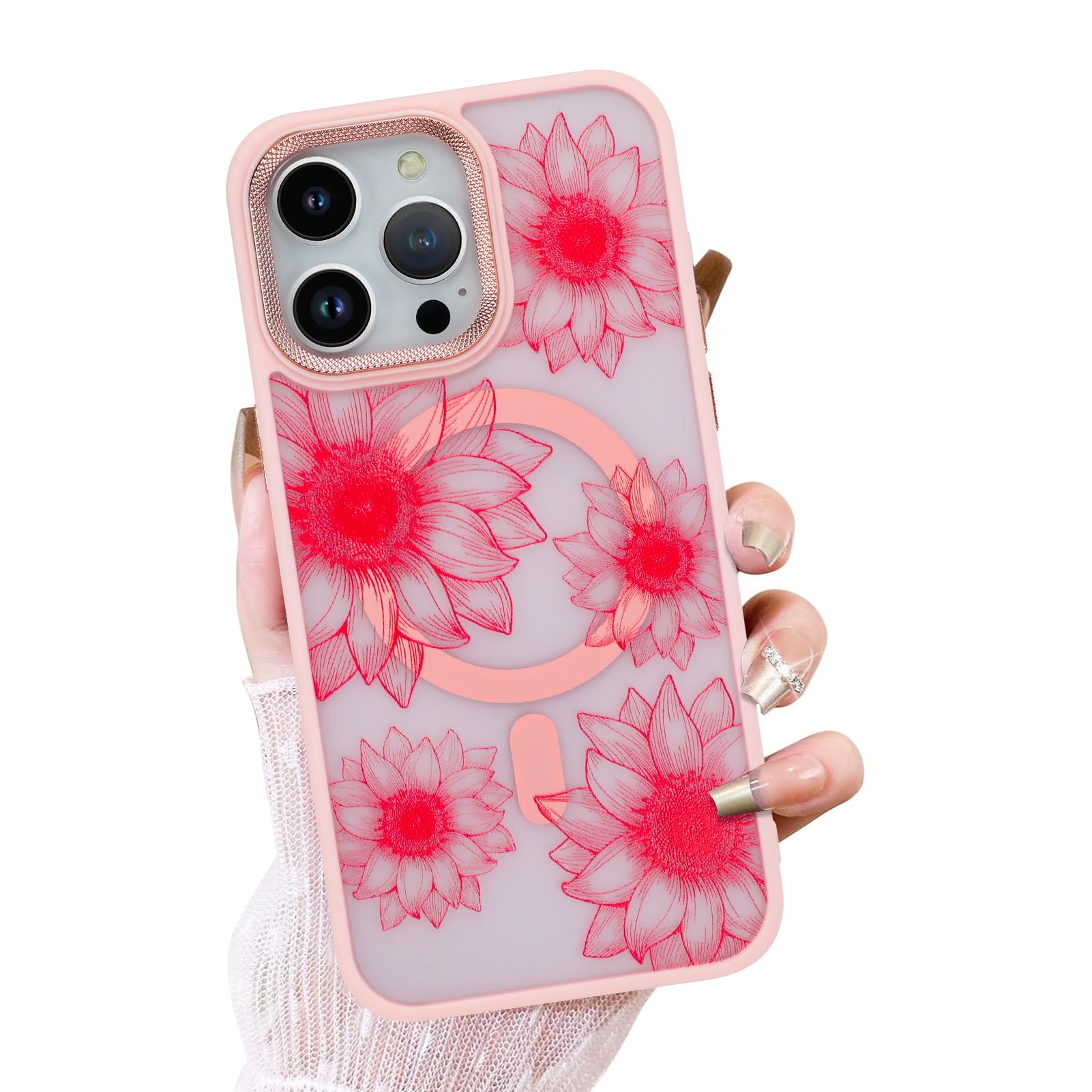 OOK Pink Case Design for iPhone 15 Pro Max Case [Compatible with MagSafe], Cute Sunflower Floral Blooms Design Frosted Shockproof for Women Girls Magnetic Phone Cover - Pink Flower