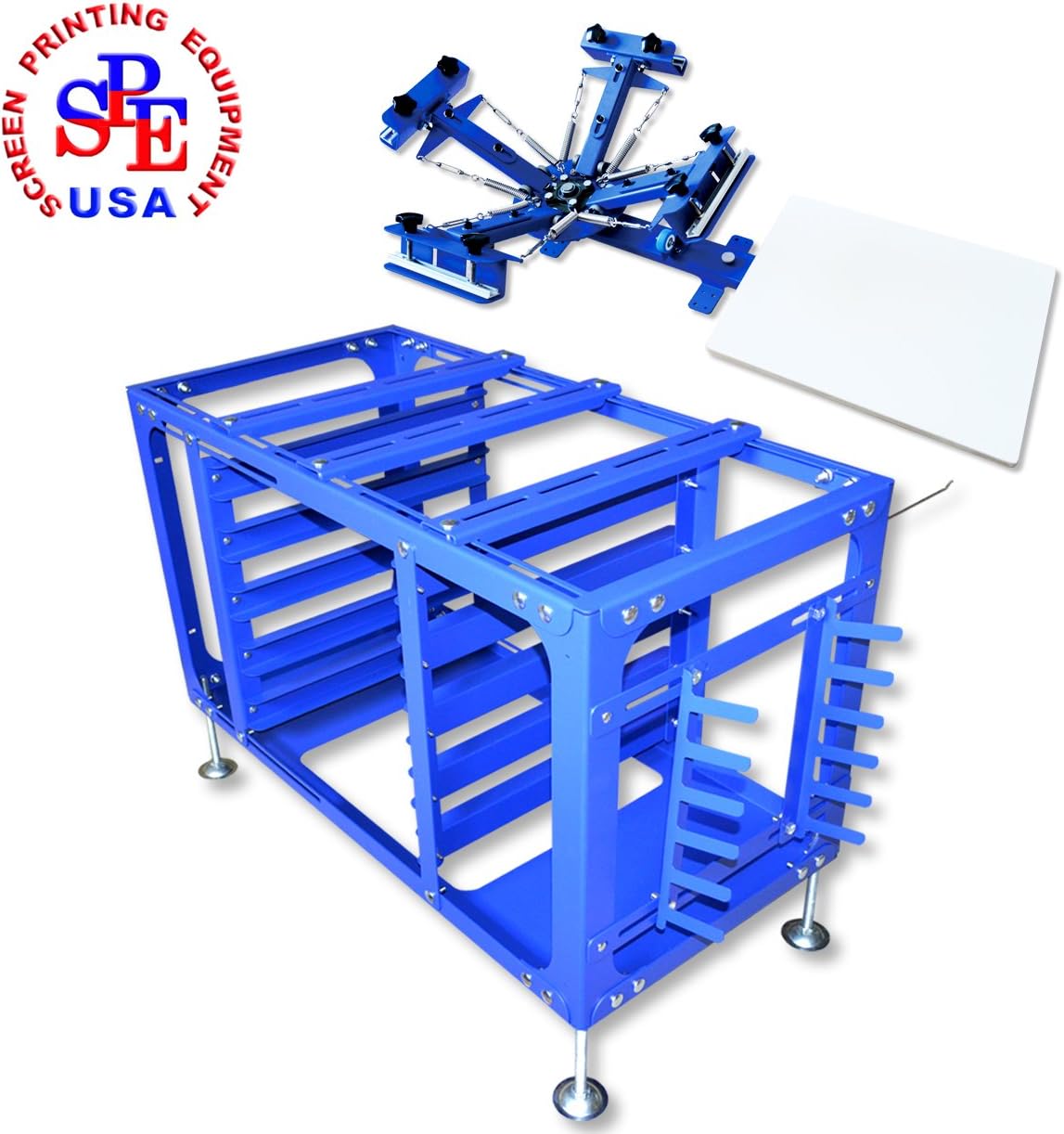 4 Color 1 Station Screen Printing Equipment with Screen Printing Commodity Shelf Work Table Movable Materials Rack Metatl hanger
