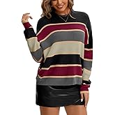 ChiaoLezhee Women's Dressy Casual Colorblock Sweater, Slouchy Drop Shoulder Tunic Pullover, Striped Lightweight Knit Tops