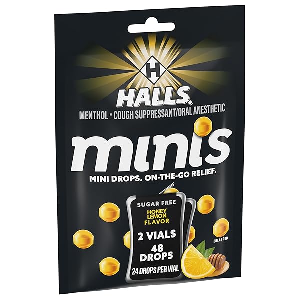 HALLS MINIS HONEY LEMON FLAVOR SUGAR FREE COUGH DROPS, 48 DROPS