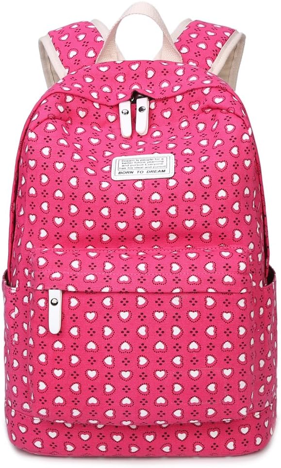 Hiigoo Heart-shaped Printing Shoulder Bags Canvas Satchel Lovely Backpack For Students (Rose)