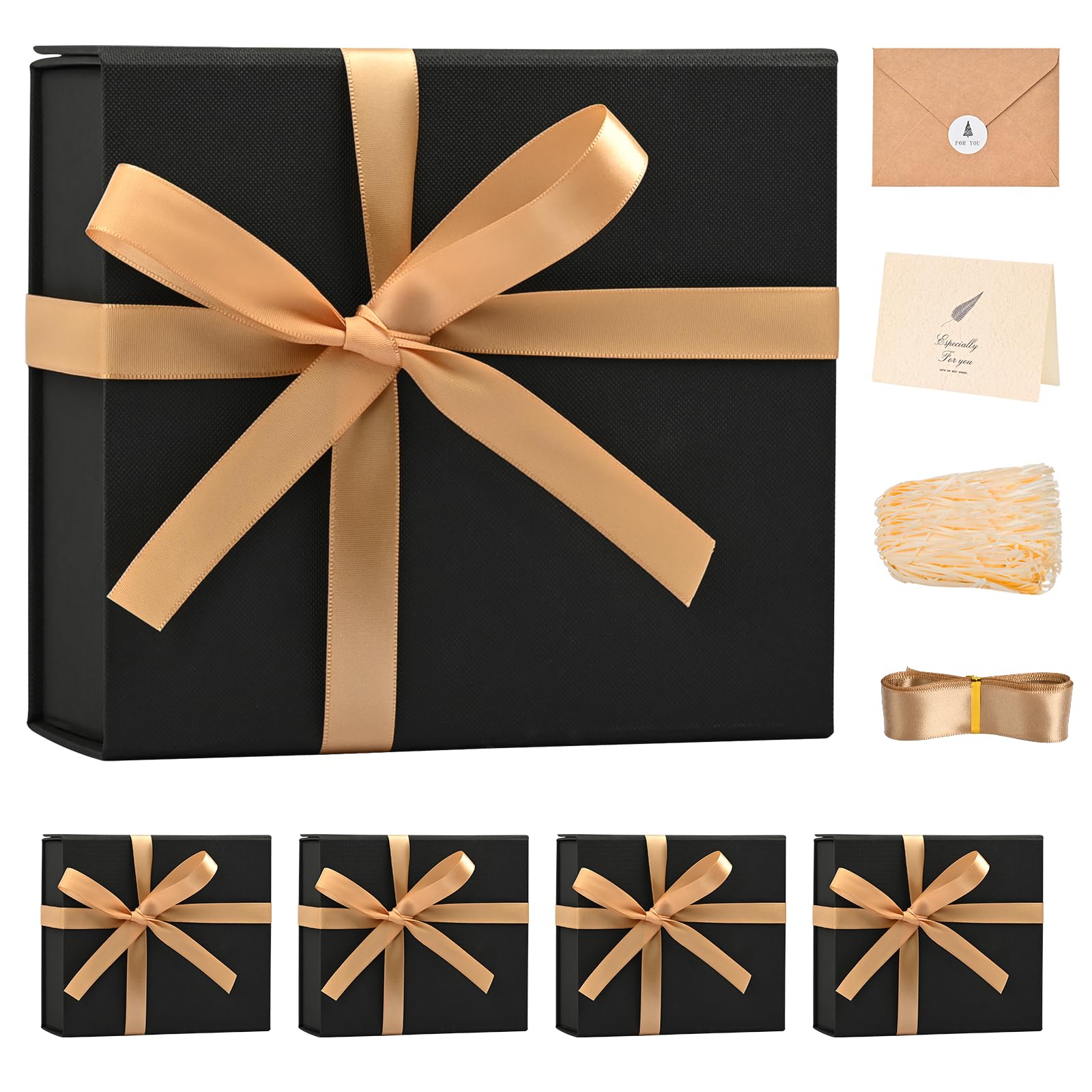 LIFELUM Large Gift Box, 8 X 7 X 3 inch Black Gift Box Set of 5 with Magnetic Lid for Presents with Ribbon,Card,Shredded Paper Filler Gift for Mom, Birthdays, Christmas Presents Image