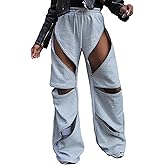 LETSVDO Women's Wide Leg Baggy Sweatpants High Waisted Patchwork Flare Pants Y2k Cut Out Multi Zipper Cargo Sweatpant