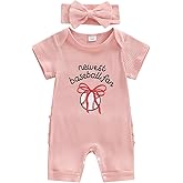 Baby Girl Baseball Outfit Letter Print Short Sleeve Ribbed Knit Romper Infant Bodysuit Newborn Spring Clothes Headband