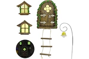 IMOFEE Fairy Door and Windows Garden Kit Accessories Outdoor, Glow in Dark Gnome House for Tree, Lawn Yard Art Sculpture, Miniature Garden Decor (Ladder)