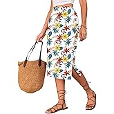 Naggoo Women Floral Pencil Skirt Summer Midi Length Knit High Waisted Skirts with Slits White XXL
