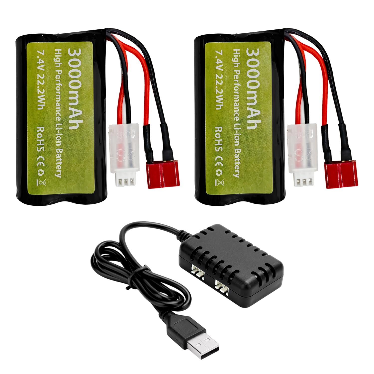 ZYGY 2PCS 7.4V 3000mah 15C 2S Li-ion Battery with T-Plug with 2-in-1 Charger for WLtoys 12423 MJX 14301 14302 14303 H16PL High-speed RC Car 1/10, 1/12, 1/16 Scale RC Car Truck RC Boat Battery