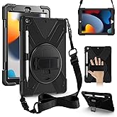 ZenRich Shockproof Case for iPad 9th/8th/7th Generation 10.2 inch 2021/2020/2019, Heavy Duty Rugged Case with Pencil Holder/360° Rotating Kickstand/Handle/Carrying Strap, Black