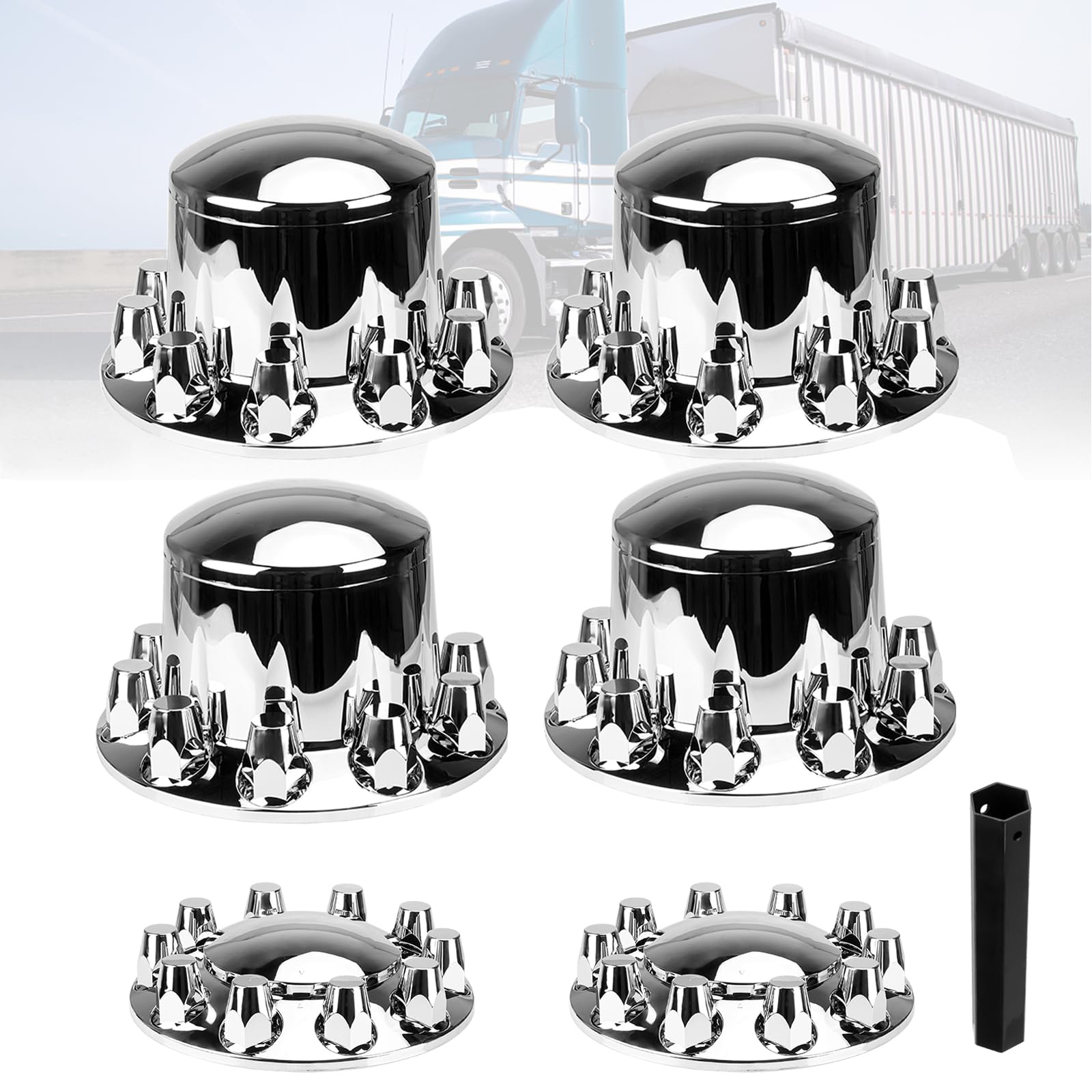 Photo 1 of 2 Front and 4 Rear Axle Wheel Covers 33mm Axle Cover Dome Chromed Thread-On Standart Lug Nut Covers with Removable Hub Caps for Semi Truck (Installation Tool Included)