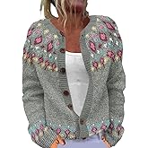 Women's Fair Isle Cardigan Sweater Vintage Button Knitted Ice landic Nordic Jacket Boho Argyle Winter Fall Casual Coat