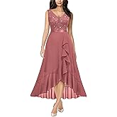 Miusol Women's Vintage V-Neck Sleeveless Sequined Floral Lace Ruffle Split Evening Party Dress
