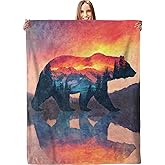 Majestic Mountain Bear Blanket, Plush Soft Lightweight Warm Cozy Flannel 60×50 inch Throw Blanket with Wildlife Nature Scene for Couch, Travel, Bed, Outdoor, Gifts for Men Women Adults